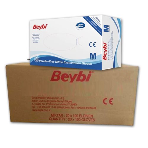 Beybi Mavi Nitril Muayene Eldiveni Pudrasız 100 lü x 20 Paket (1 Koli) - Small